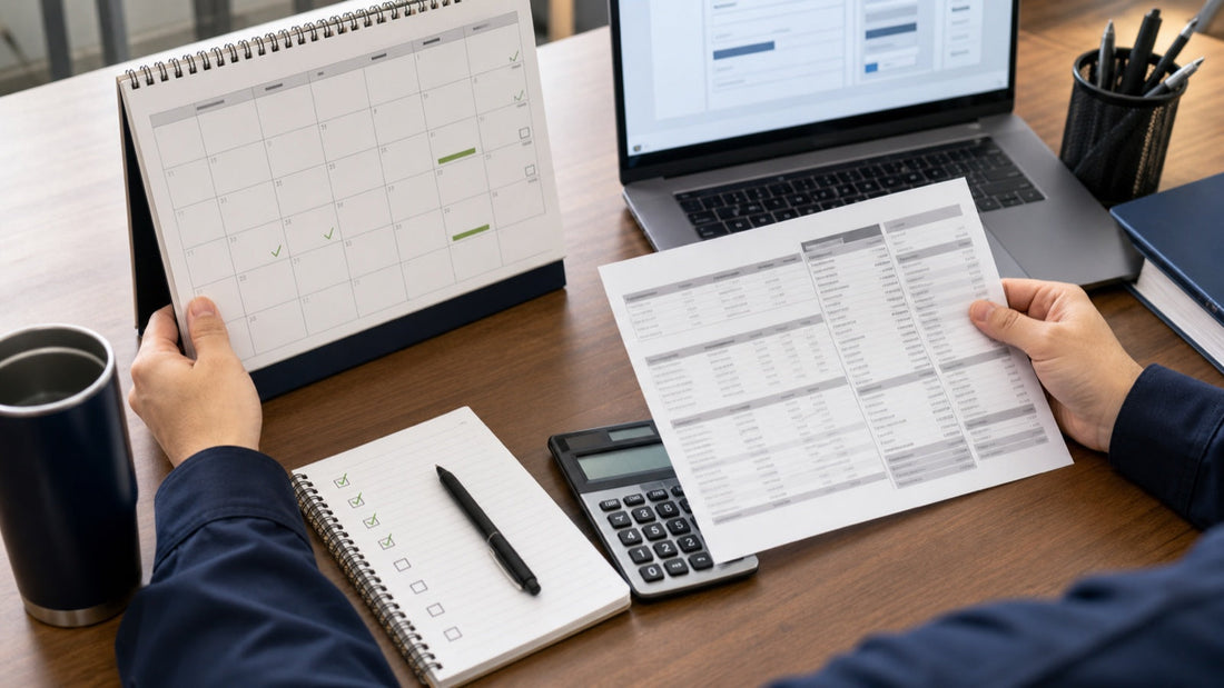 Sailor comparing a pay calendar, generic LES, calculator, and monthly checklist