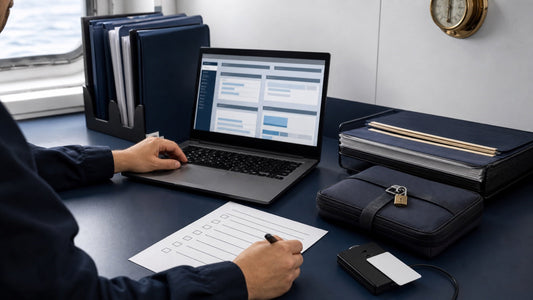 Sailor reviewing a secure personnel-record dashboard with folders, CAC reader, and checklist
