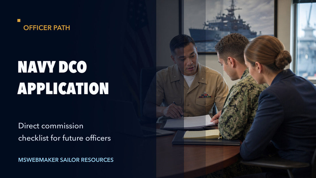 Navy officer recruiter reviewing a Direct Commission Officer application packet with future officer candidates