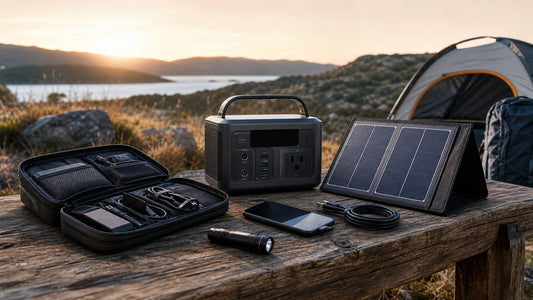 Portable power station, solar panel, phone, flashlight, and cables arranged as an off-grid charging kit