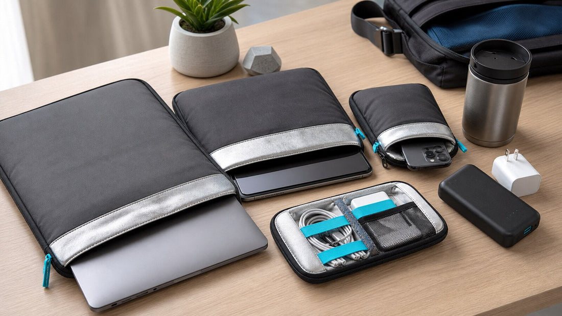 Protective tech sleeves, laptop, phone, cable organizer, charger, and power bank arranged on a desk