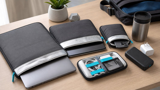 Protective tech sleeves, laptop, phone, cable organizer, charger, and power bank arranged on a desk