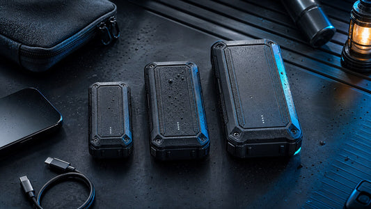 Three rugged power banks in different sizes arranged for comparison with a phone and USB-C cable