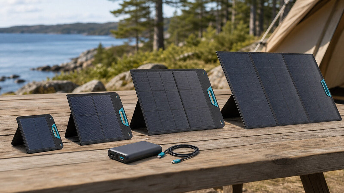 Four foldable portable solar panels in different sizes arranged on an outdoor table
