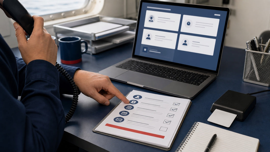 Sailor using a phone, support portal, CAC reader, and case checklist at an administrative desk