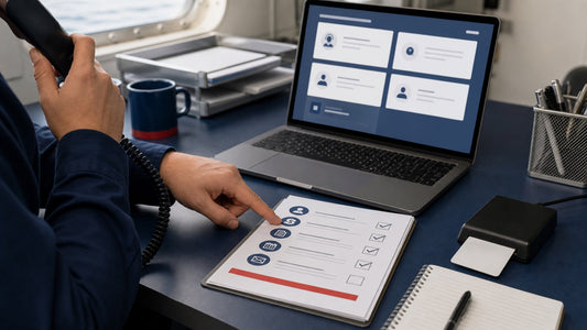 Sailor using a phone, support portal, CAC reader, and case checklist at an administrative desk